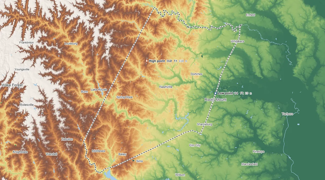 Topographic elevation map of Nash County, North Carolina, shaded from 64 ft on the east side to 360 ft on the northwest side