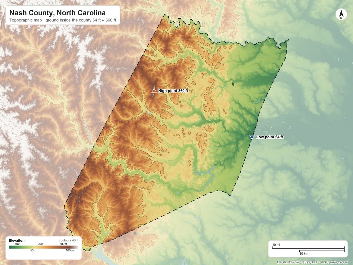 Topographic elevation map of Nash County, North Carolina, shaded from 64 ft on the east side to 360 ft on the northwest side