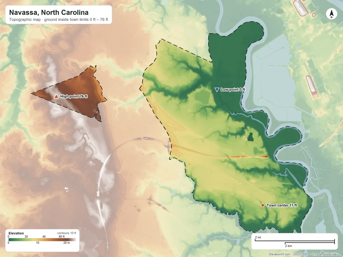 Topographic elevation map of Navassa, North Carolina, shaded from 0 ft on the north side to 76 ft on the northwest side