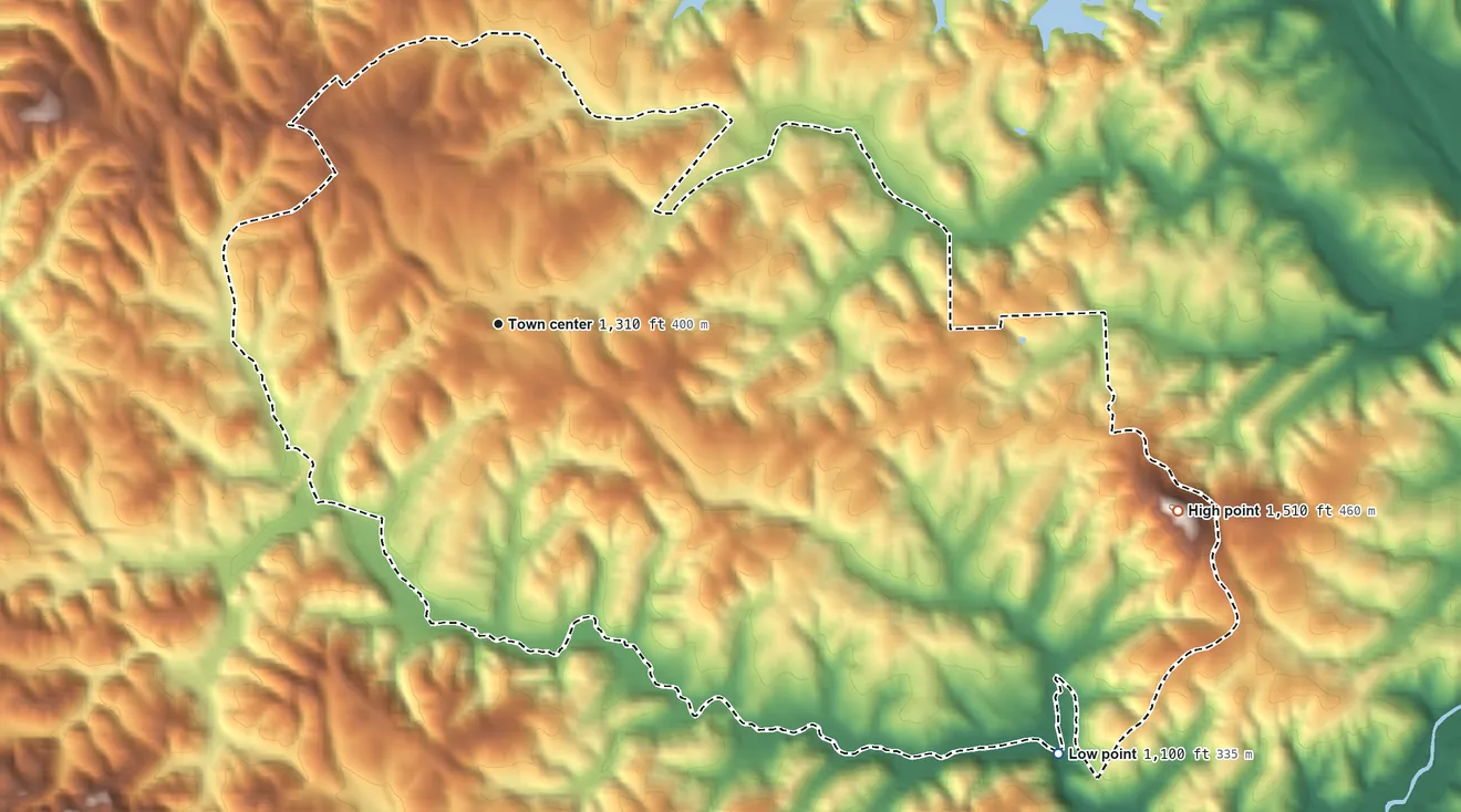 Topographic elevation map of Nebo, North Carolina, shaded from 1,100 ft on the southeast side to 1,510 ft on the east side