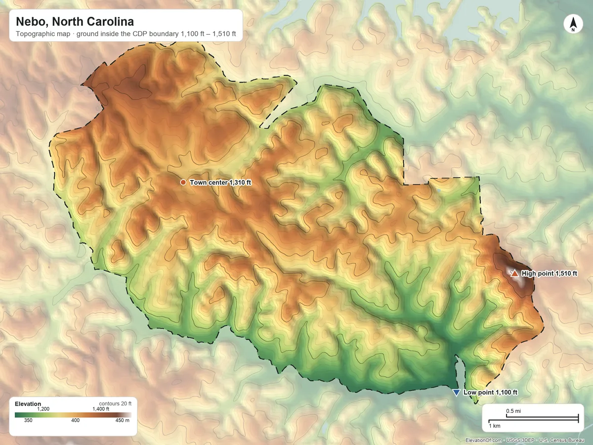Topographic elevation map of Nebo, North Carolina, shaded from 1,100 ft on the southeast side to 1,510 ft on the east side