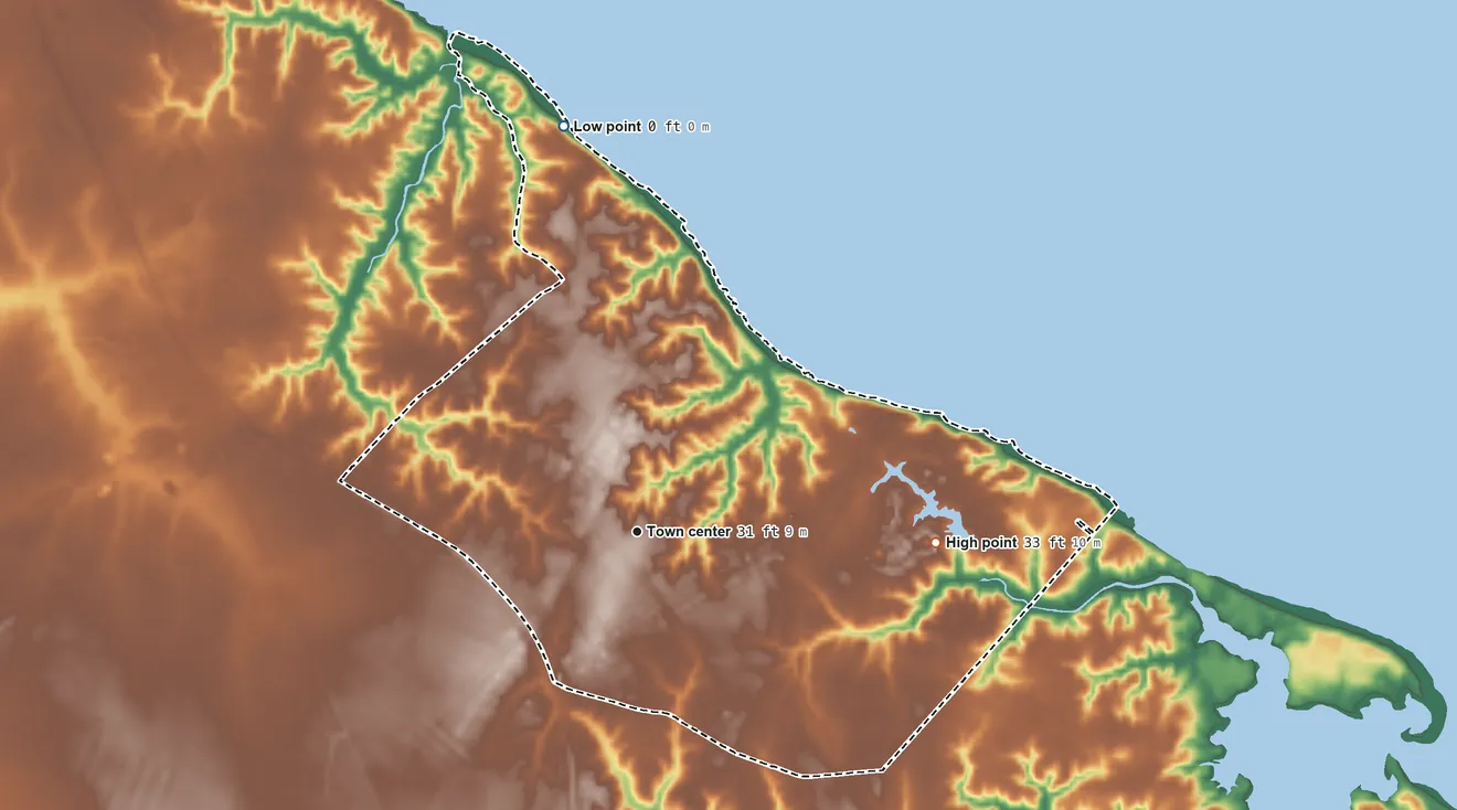 Topographic elevation map of Neuse Forest, North Carolina, shaded from 0 ft on the north side to 33 ft on the east side