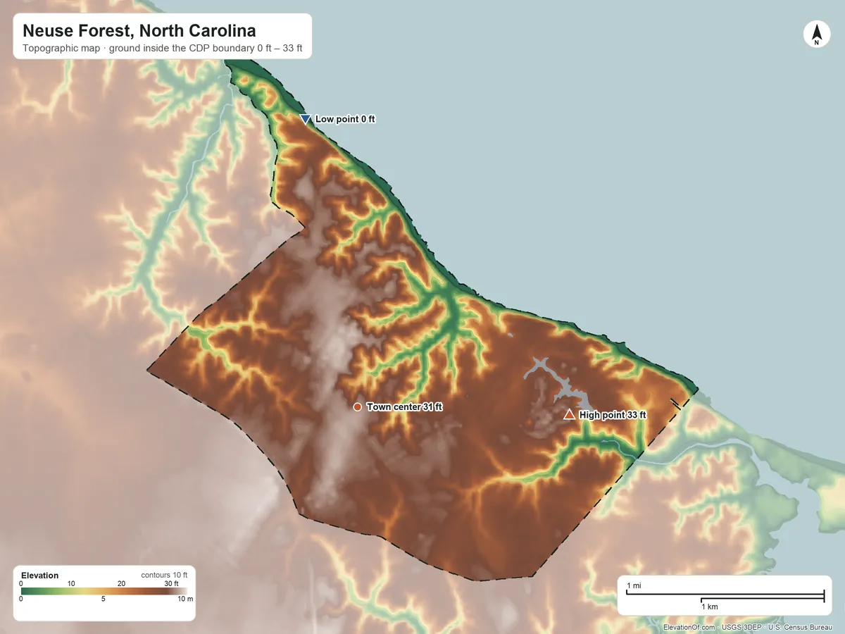 Topographic elevation map of Neuse Forest, North Carolina, shaded from 0 ft on the north side to 33 ft on the east side
