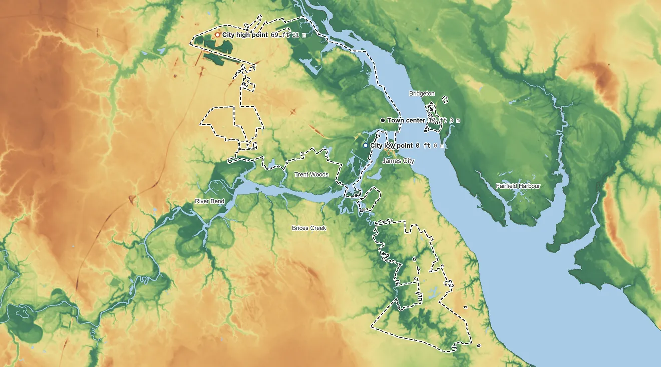 Topographic elevation map of New Bern, North Carolina, shaded from 0 ft near the middle to 69 ft on the northwest side