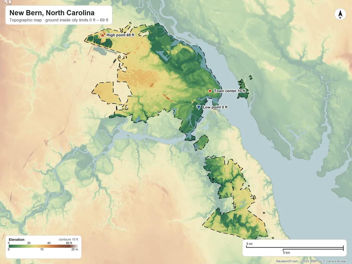 Topographic elevation map of New Bern, North Carolina, shaded from 0 ft near the middle to 69 ft on the northwest side