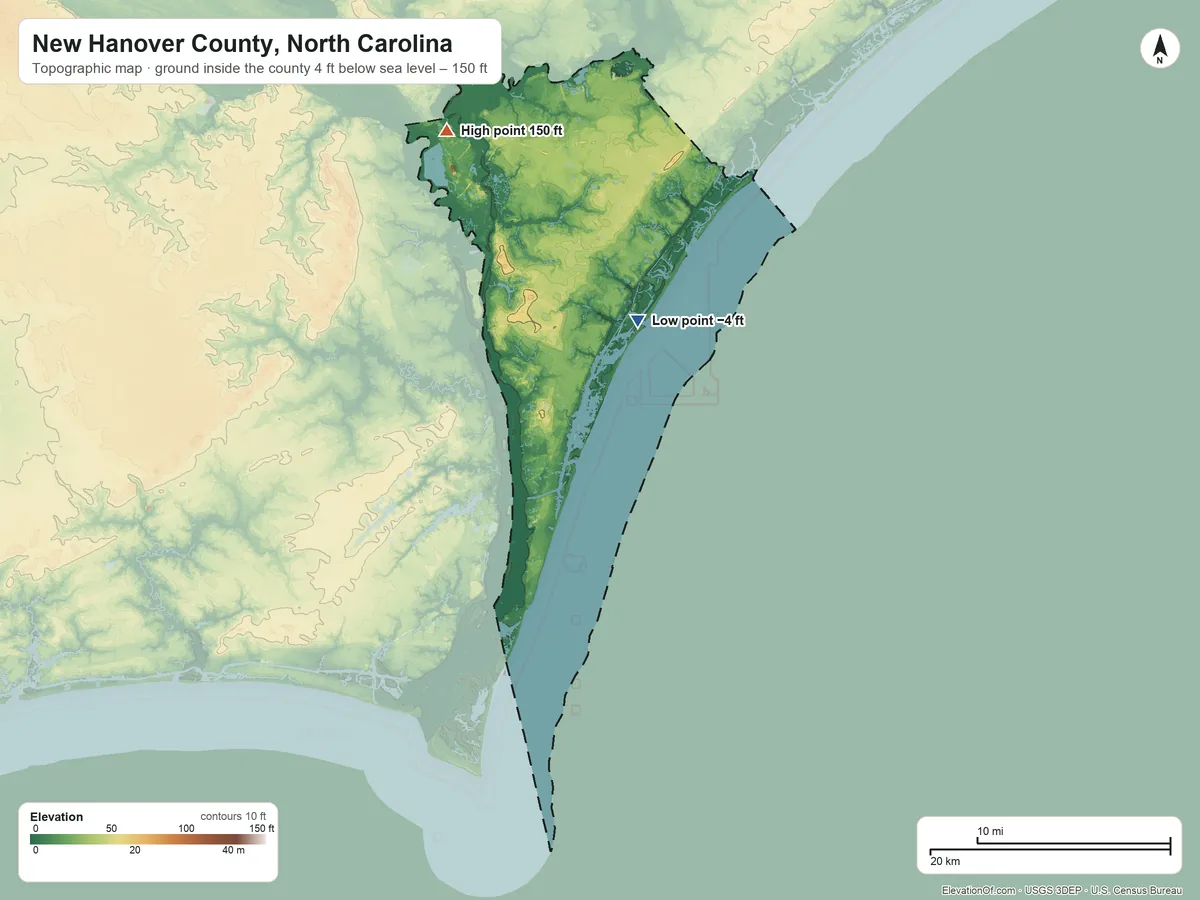 Topographic elevation map of New Hanover County, North Carolina, shaded from 4 ft below sea level on the north side to 150 ft on the northwest side