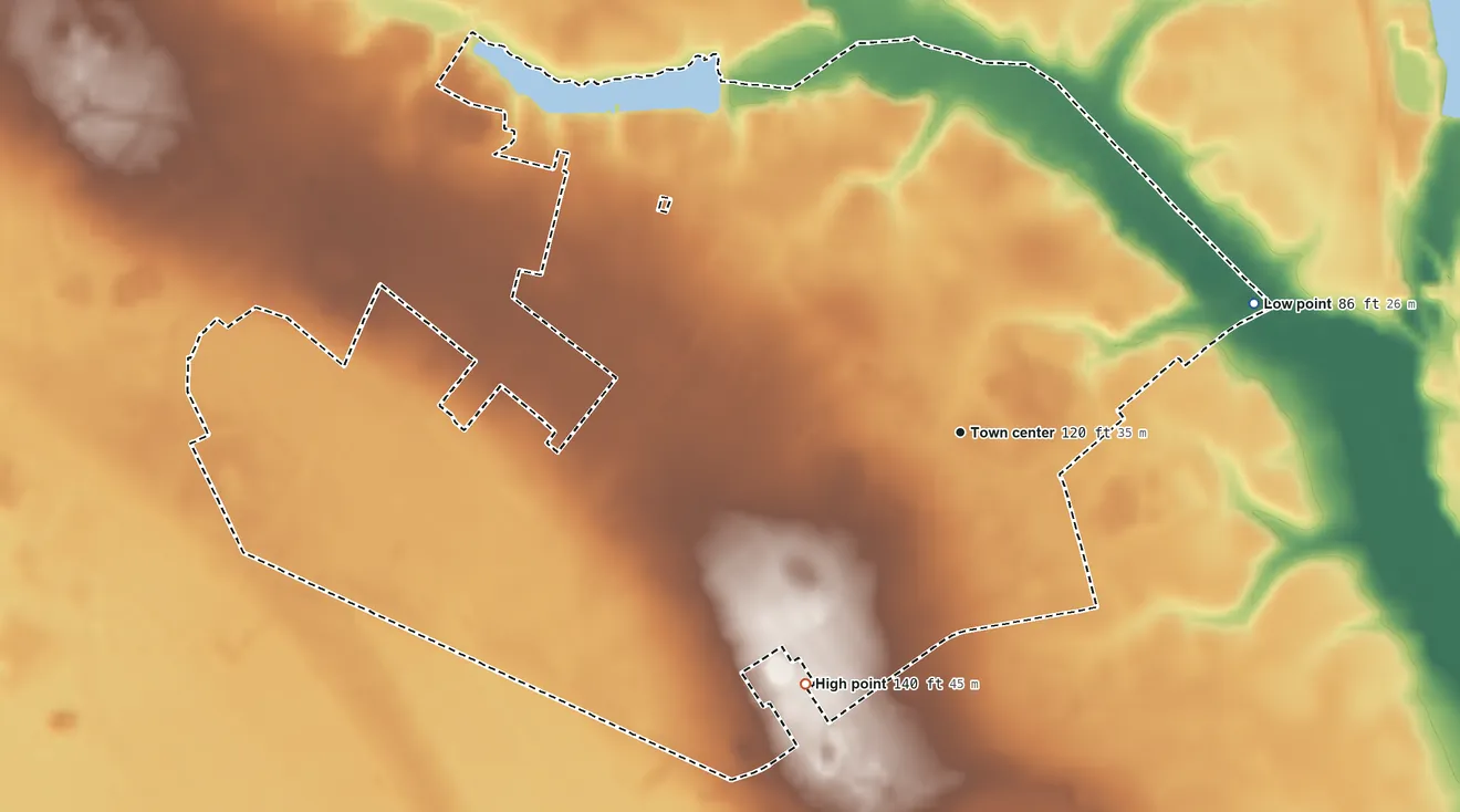 Topographic elevation map of New Hope, North Carolina, shaded from 86 ft on the northeast side to 140 ft on the southwest side