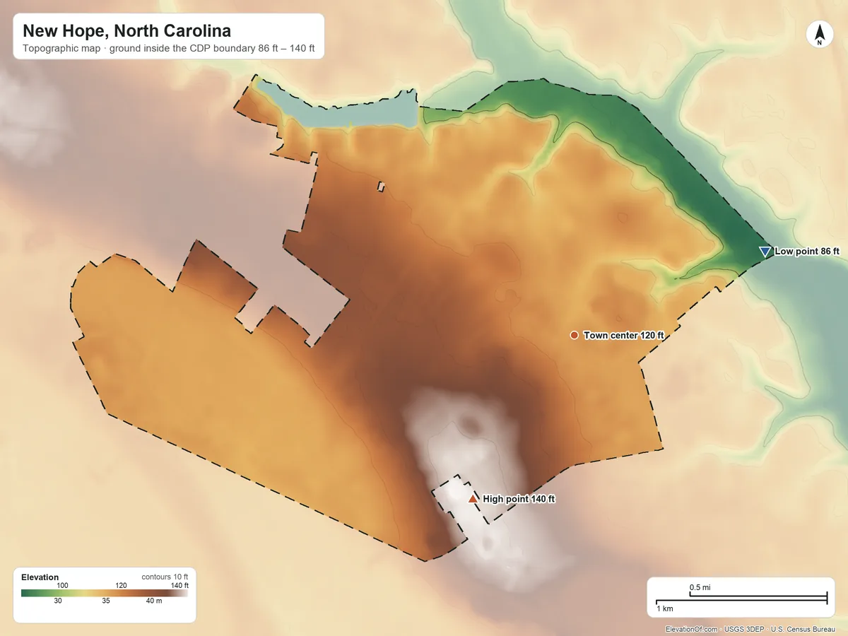 Topographic elevation map of New Hope, North Carolina, shaded from 86 ft on the northeast side to 140 ft on the southwest side