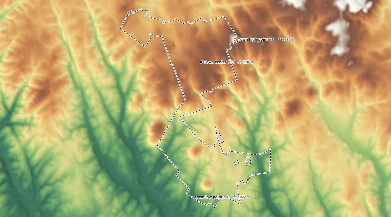 Topographic elevation map of New London, North Carolina, shaded from 540 ft on the south side to 780 ft on the northeast side