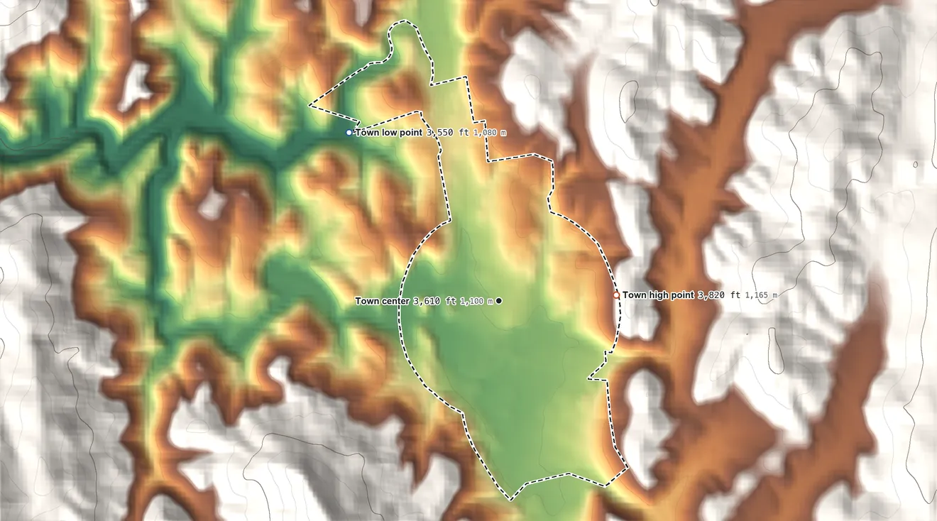 Topographic elevation map of Newland, North Carolina, shaded from 3,550 ft on the northwest side to 3,820 ft on the east edge, below higher ground just outside