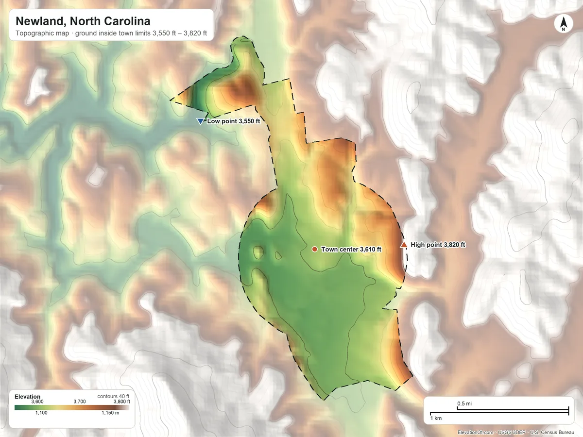 Topographic elevation map of Newland, North Carolina, shaded from 3,550 ft on the northwest side to 3,820 ft on the east edge, below higher ground just outside
