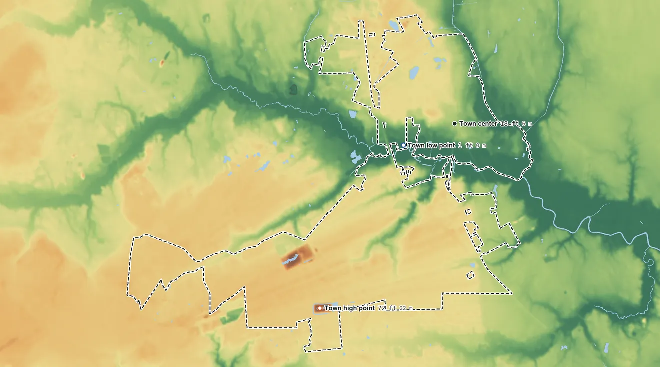 Topographic elevation map of Newport, North Carolina, shaded from 1 ft on the southwest side to 72 ft on the southwest side
