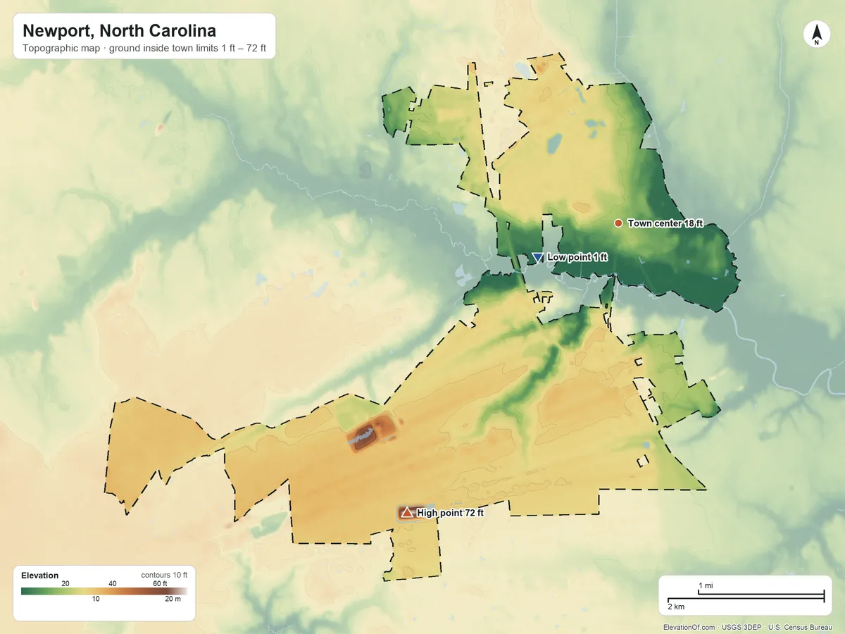 Topographic elevation map of Newport, North Carolina, shaded from 1 ft on the southwest side to 72 ft on the southwest side