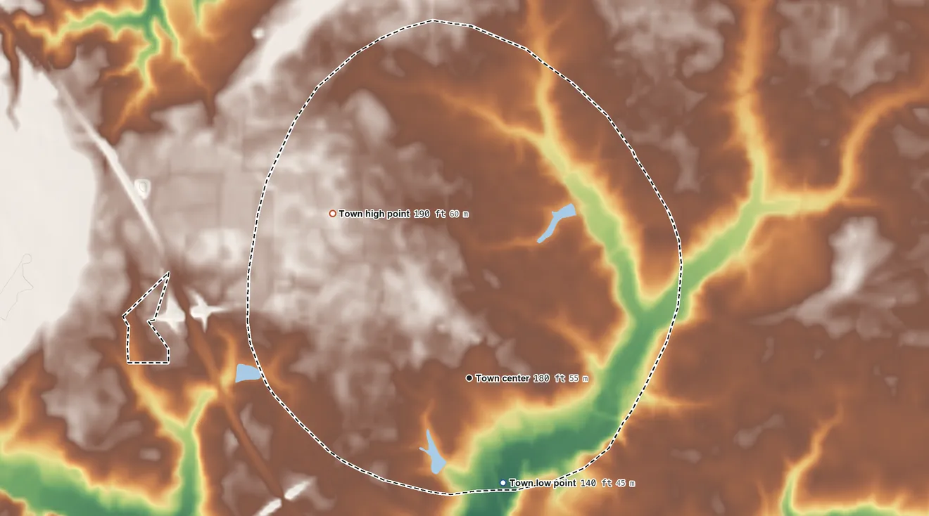 Topographic elevation map of Newton Grove, North Carolina, shaded from 140 ft on the south side to 190 ft on the northwest side