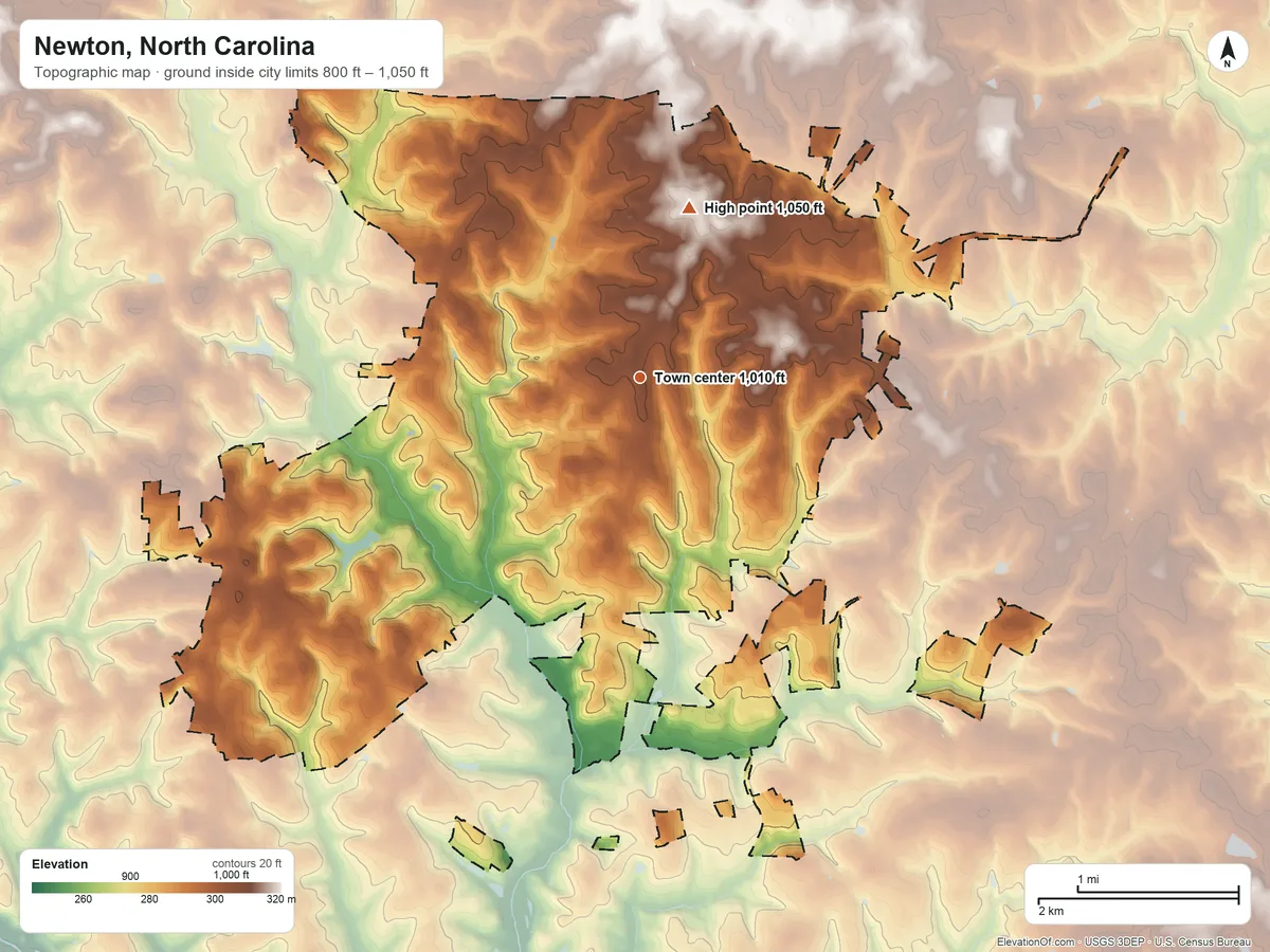 Topographic elevation map of Newton, North Carolina, shaded from 800 ft on the southwest side to 1,050 ft on the north side