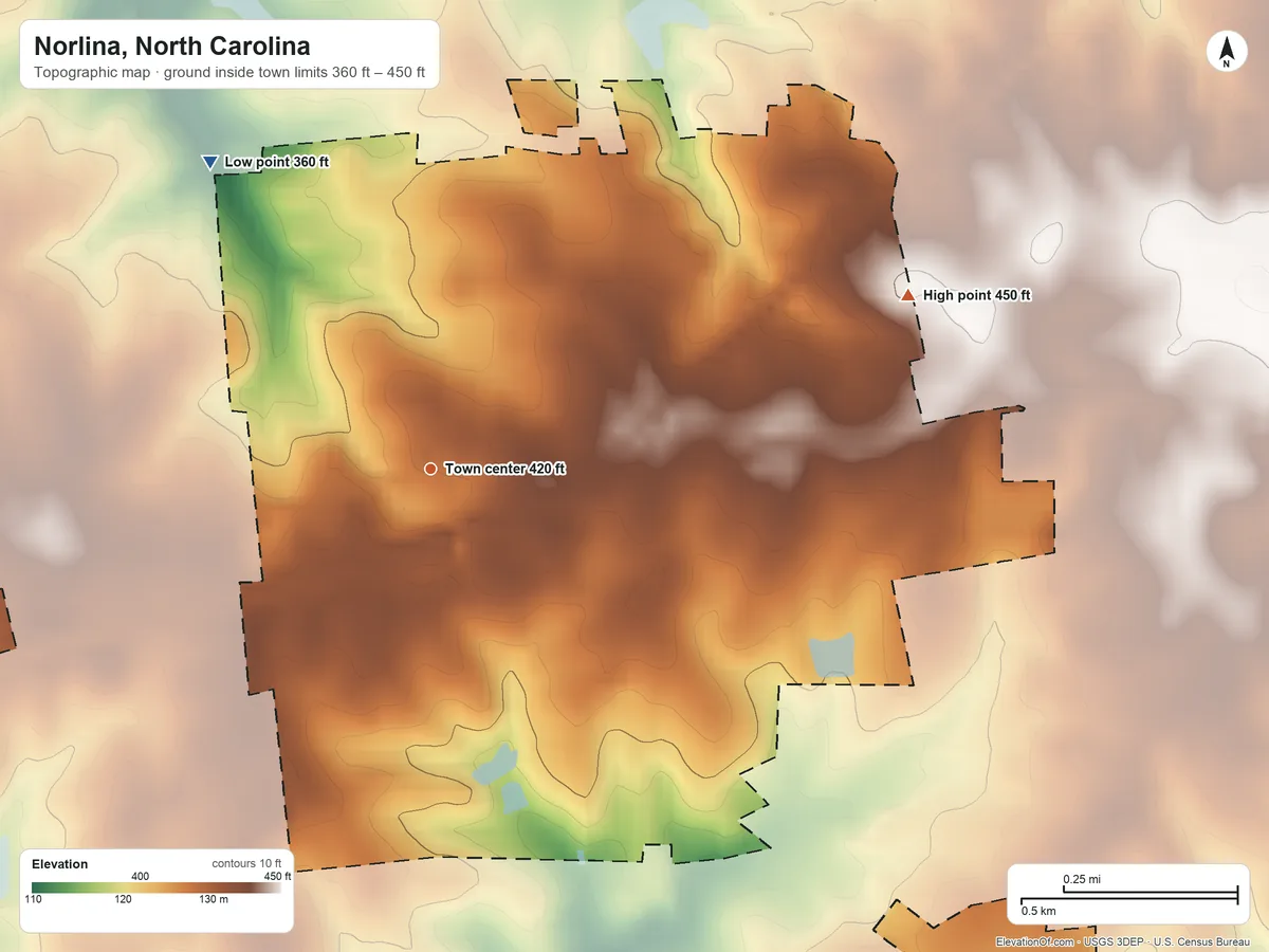 Topographic elevation map of Norlina, North Carolina, shaded from 360 ft on the northwest side to 450 ft on the east side