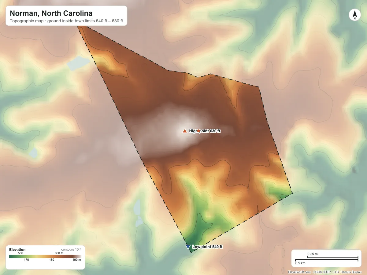 Topographic elevation map of Norman, North Carolina, shaded from 540 ft on the south side to 630 ft near the middle