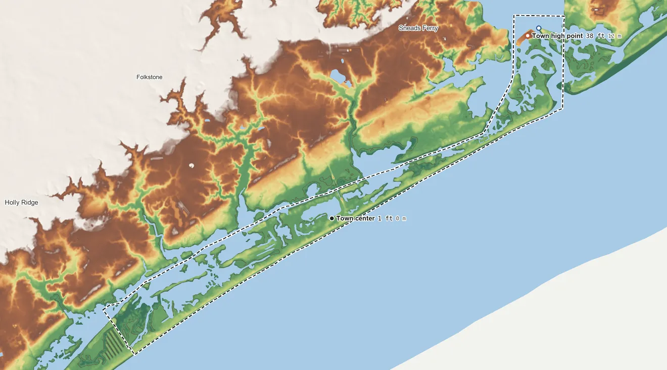 Topographic elevation map of North Topsail Beach, North Carolina, shaded from −4 ft on the northeast side to 38 ft on the northeast side