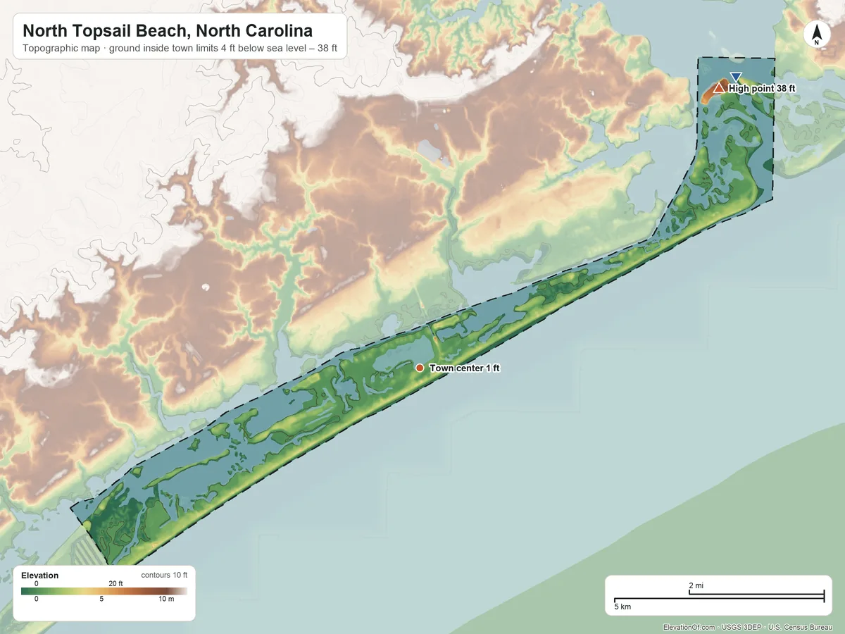 Topographic elevation map of North Topsail Beach, North Carolina, shaded from −4 ft on the northeast side to 38 ft on the northeast side