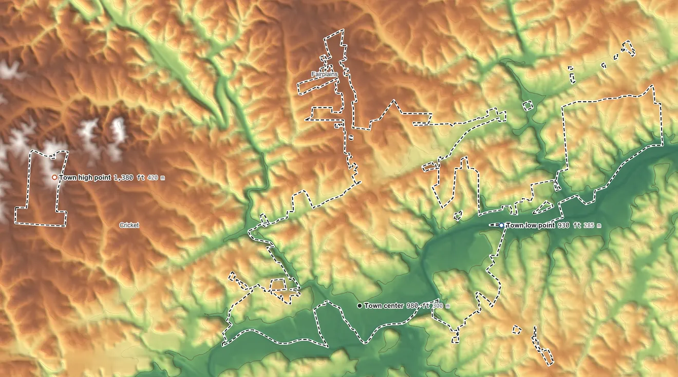 Topographic elevation map of North Wilkesboro, North Carolina, shaded from 930 ft on the northeast side to 1,380 ft on the northwest side