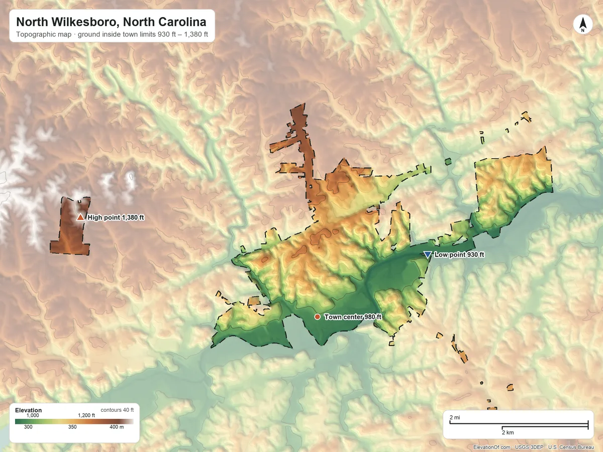 Topographic elevation map of North Wilkesboro, North Carolina, shaded from 930 ft on the northeast side to 1,380 ft on the northwest side