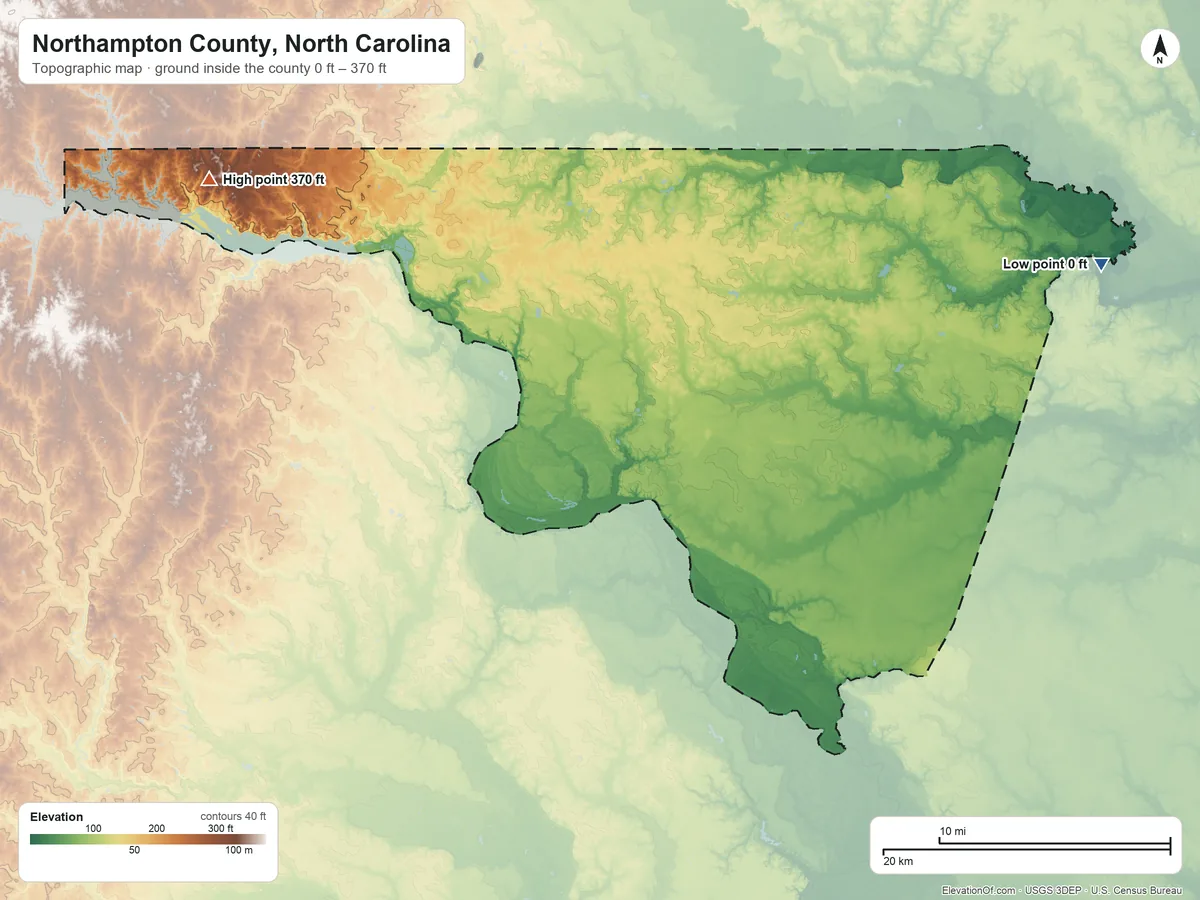 Topographic elevation map of Northampton County, North Carolina, shaded from 0 ft on the east side to 370 ft on the northwest side