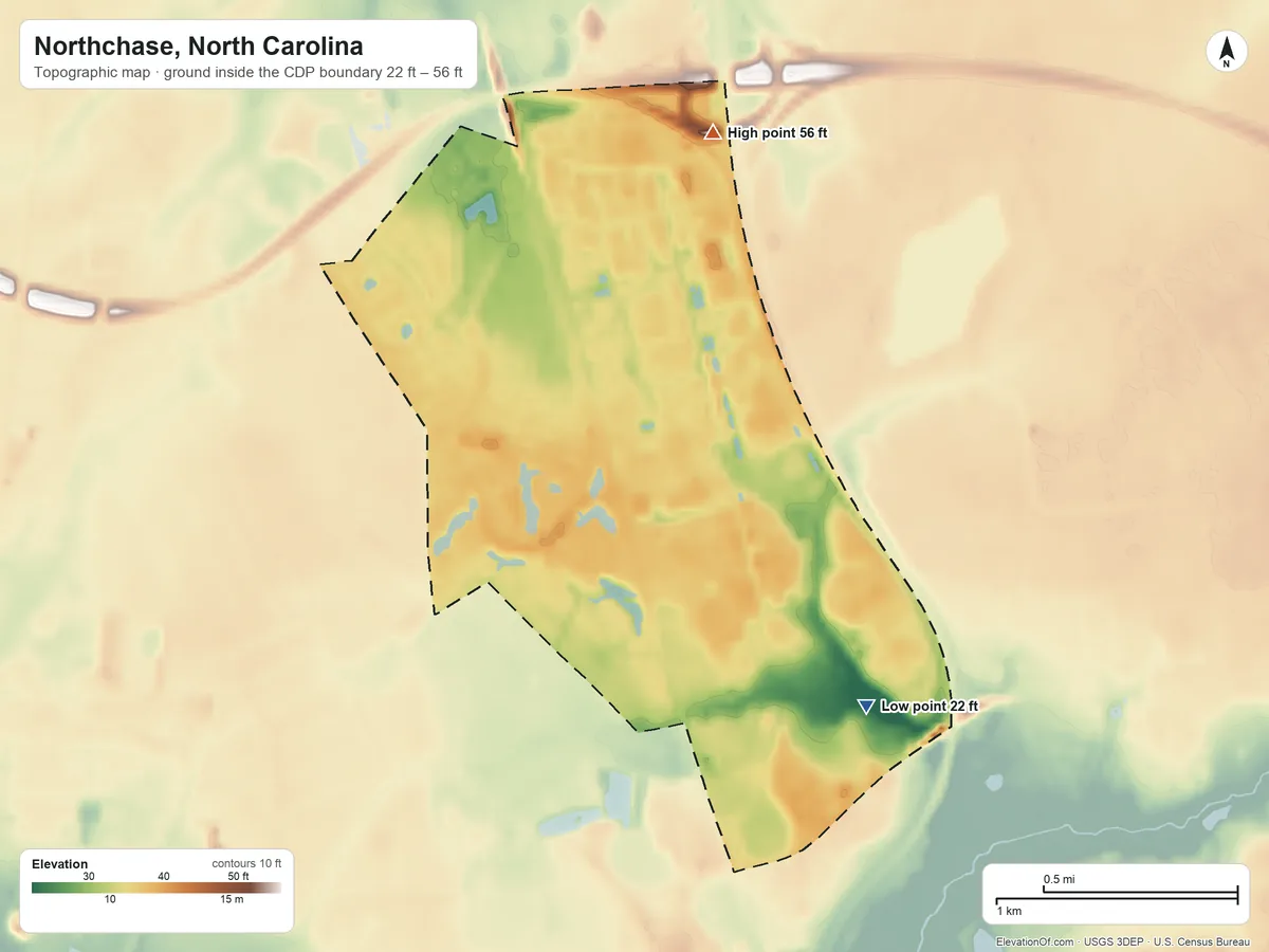 Topographic elevation map of Northchase, North Carolina, shaded from 22 ft on the southeast side to 56 ft on the northeast side