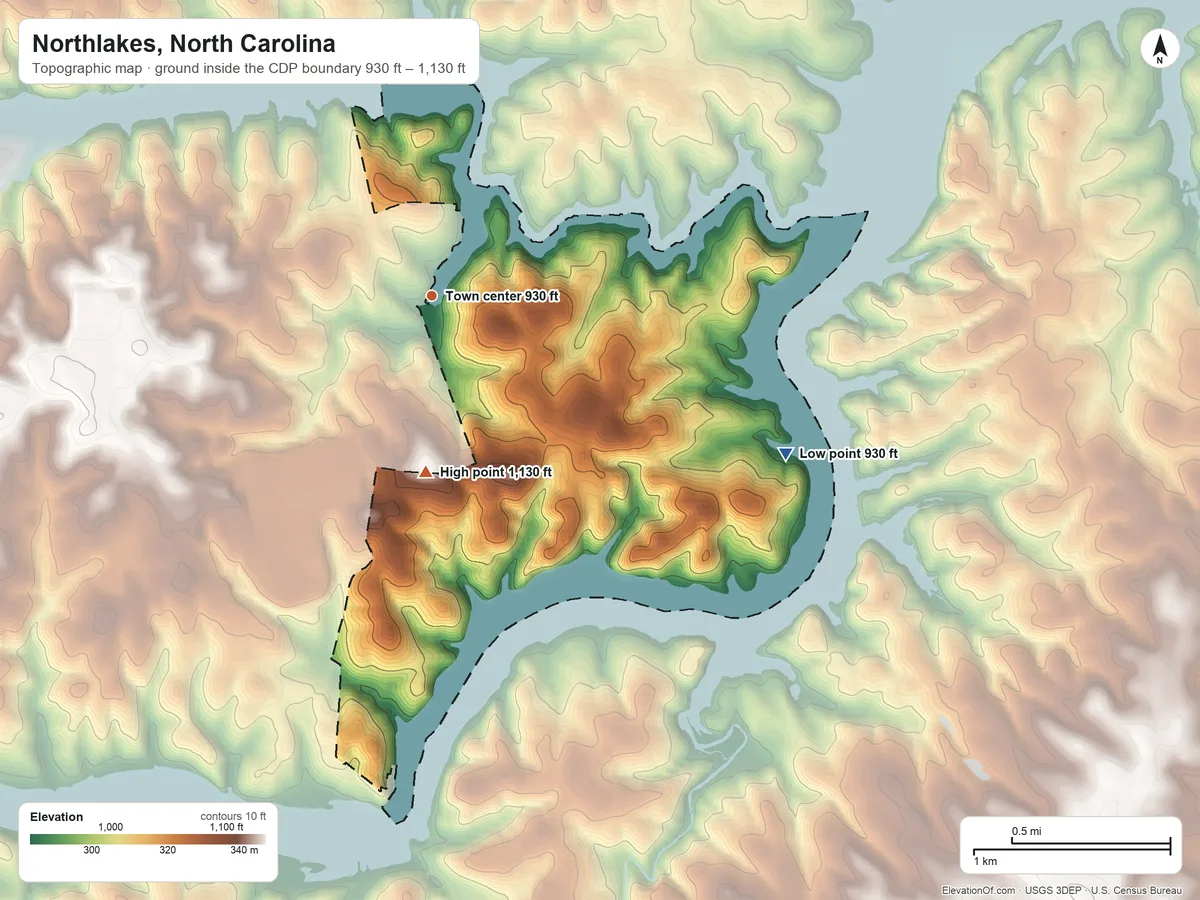 Topographic elevation map of Northlakes, North Carolina, shaded from 930 ft on the southeast side to 1,130 ft on the south side