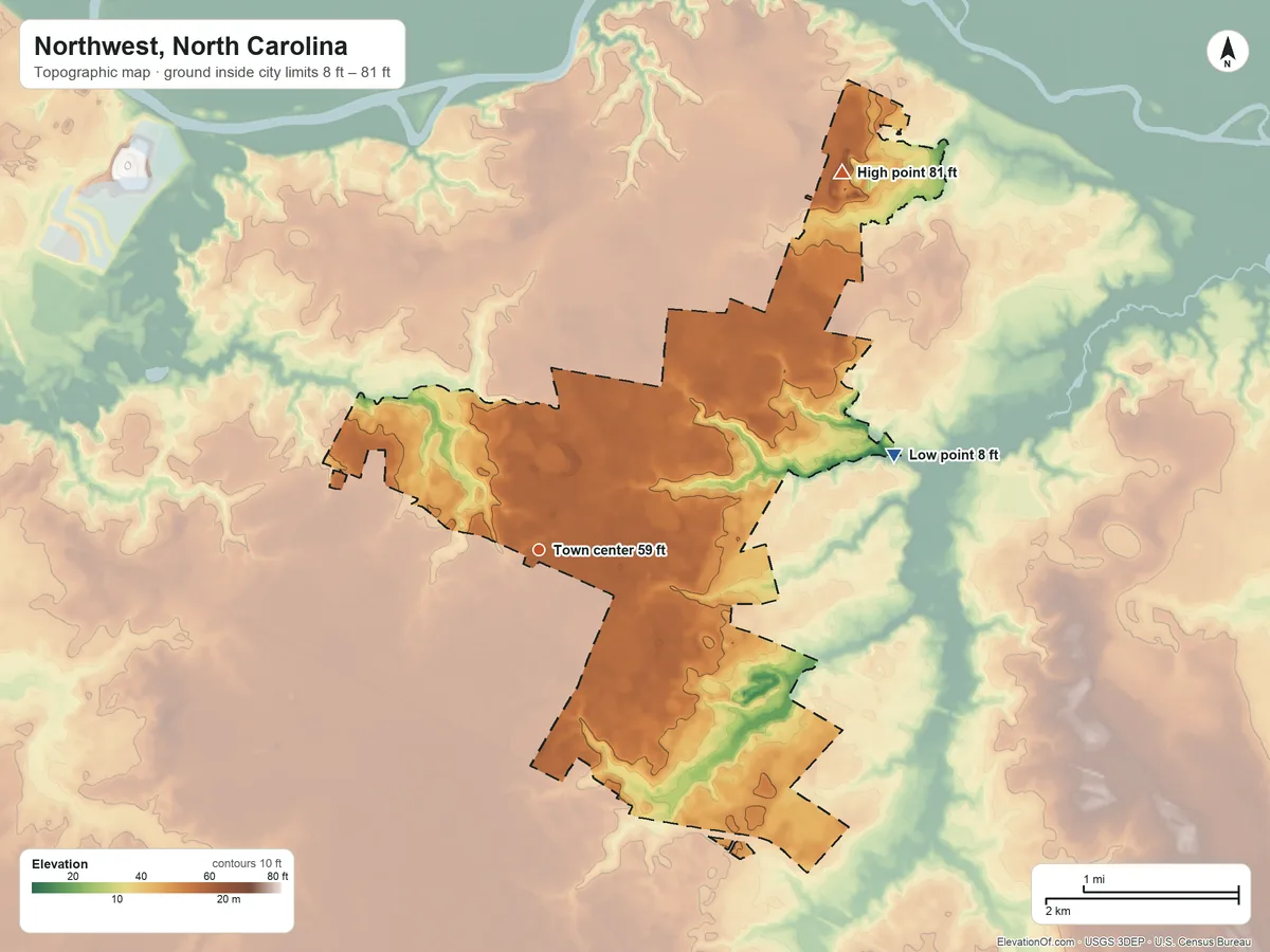 Topographic elevation map of Northwest, North Carolina, shaded from 8 ft on the east side to 81 ft on the northeast side