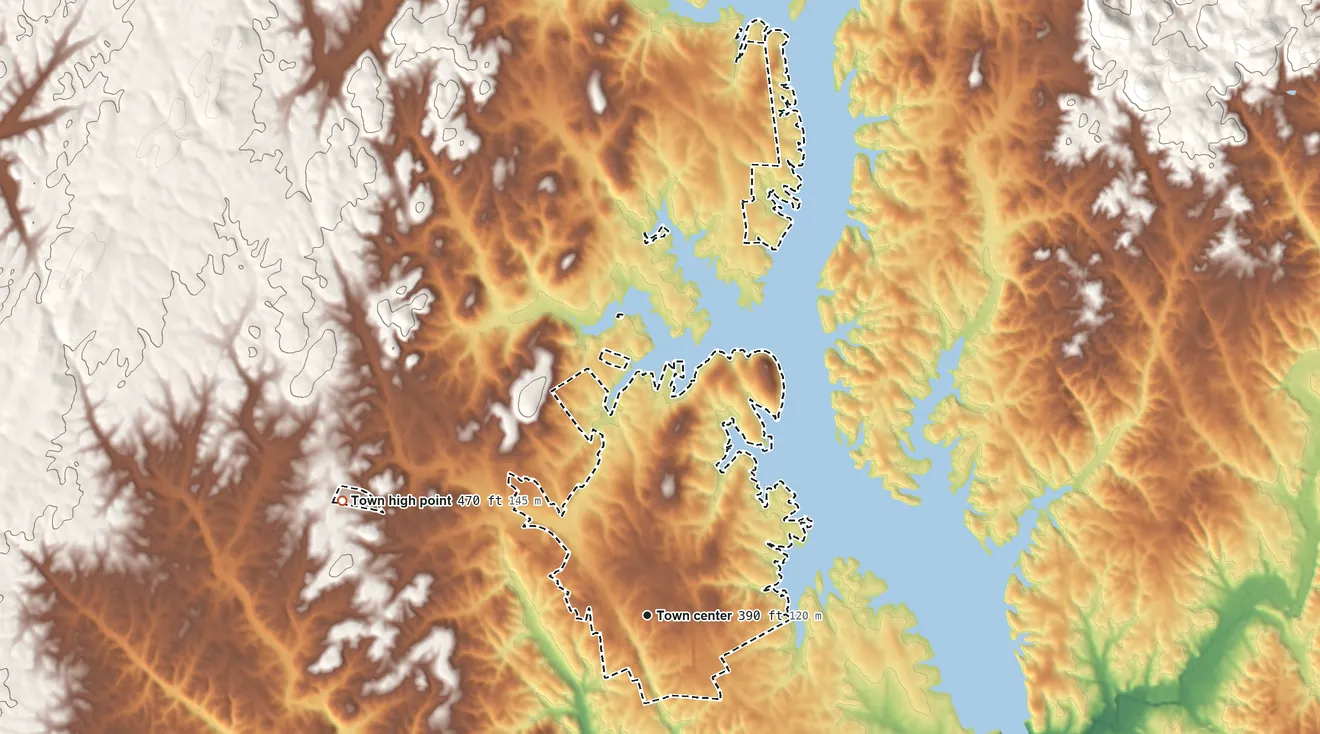 Topographic elevation map of Norwood, North Carolina, shaded from 200 ft on the south side to 470 ft on the west side