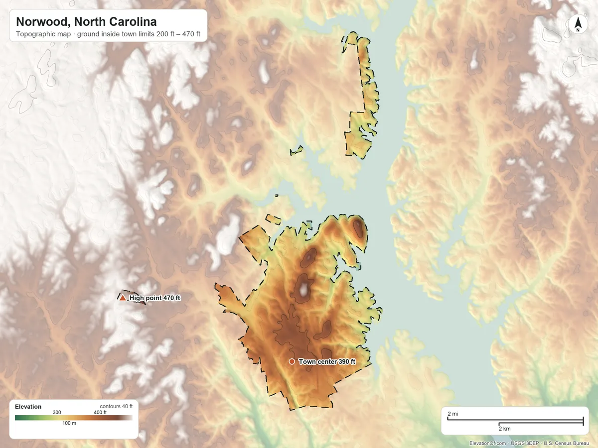 Topographic elevation map of Norwood, North Carolina, shaded from 200 ft on the south side to 470 ft on the west side