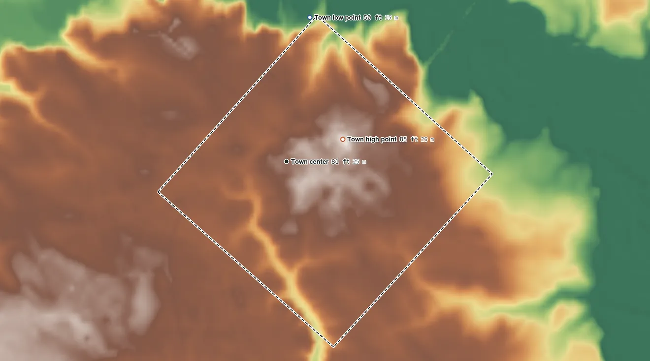 Topographic elevation map of Oak City, North Carolina, shaded from 50 ft on the north side to 85 ft on the east side