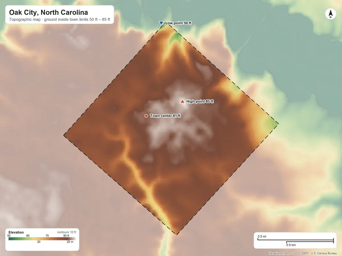 Topographic elevation map of Oak City, North Carolina, shaded from 50 ft on the north side to 85 ft on the east side