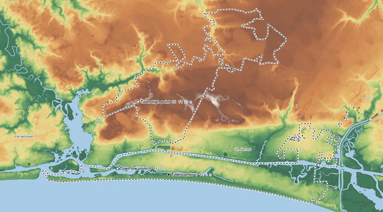 Topographic elevation map of Oak Island, North Carolina, shaded from sea level level on Davis Creek to 66 ft on the northwest side