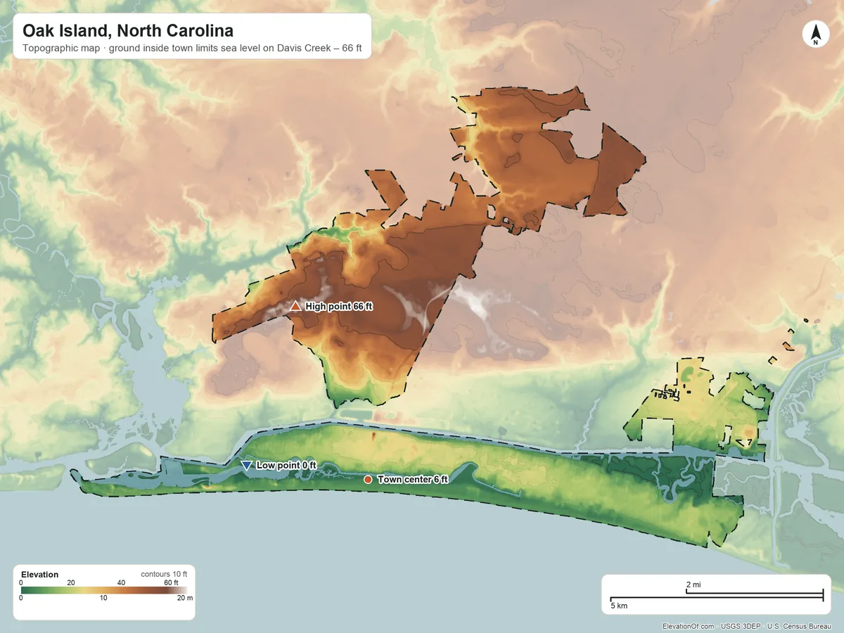 Topographic elevation map of Oak Island, North Carolina, shaded from sea level level on Davis Creek to 66 ft on the northwest side