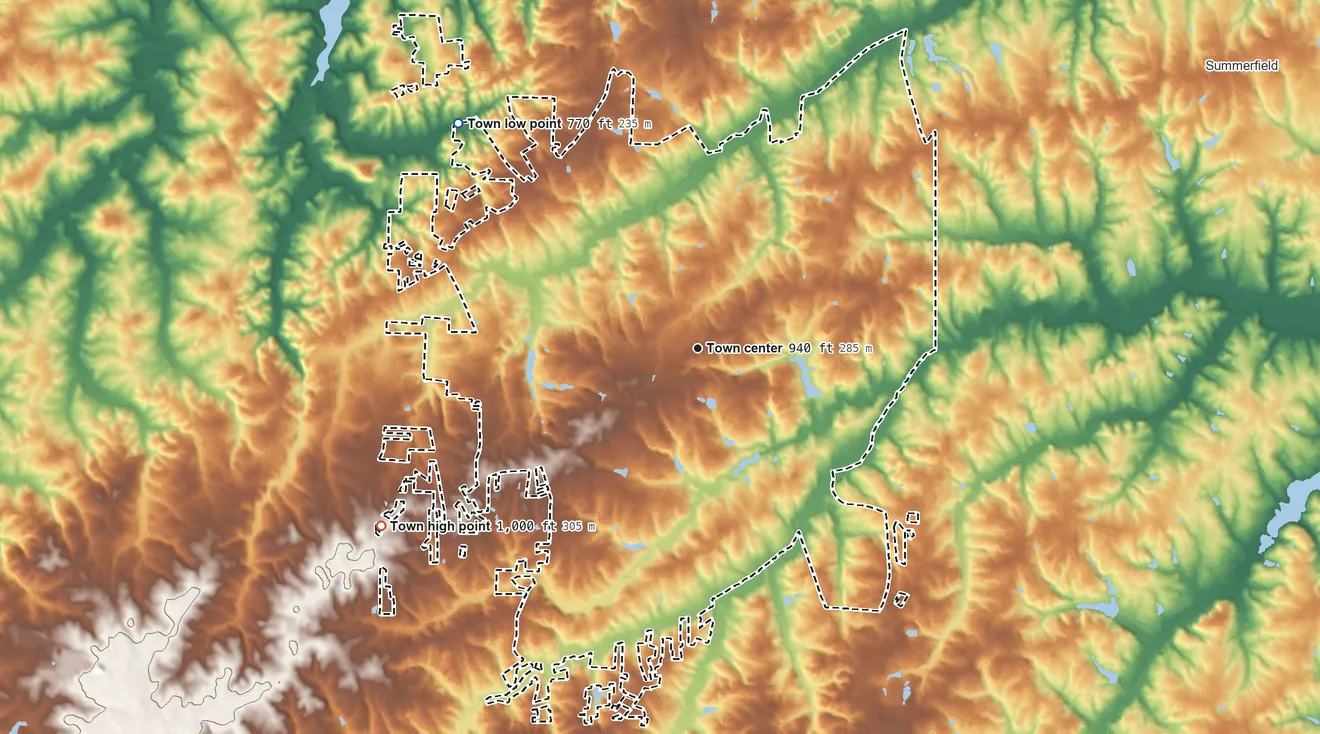 Topographic elevation map of Oak Ridge, North Carolina, shaded from 770 ft on the northwest side to 1,000 ft on the southwest side