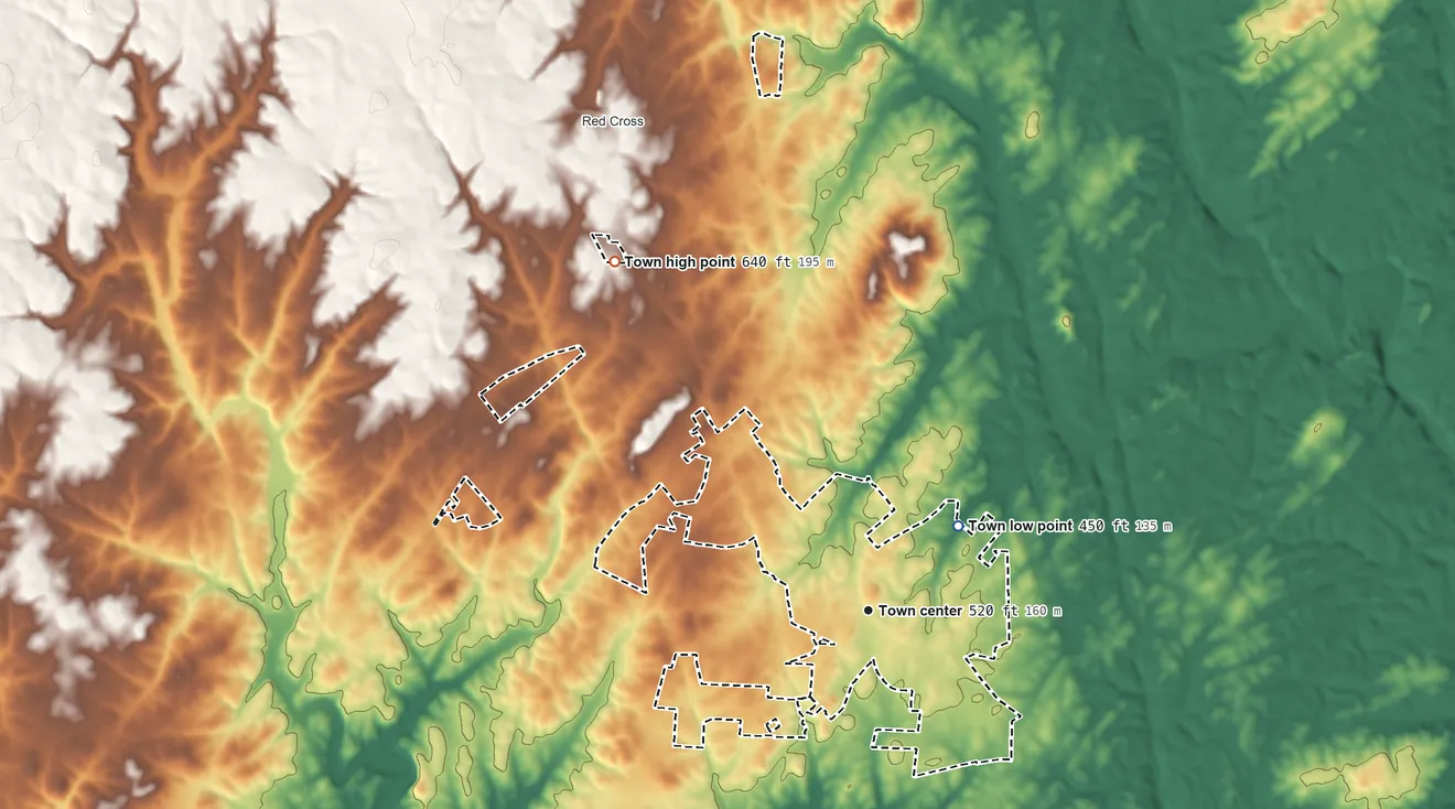 Topographic elevation map of Oakboro, North Carolina, shaded from 450 ft on the northeast side to 640 ft on the northwest side