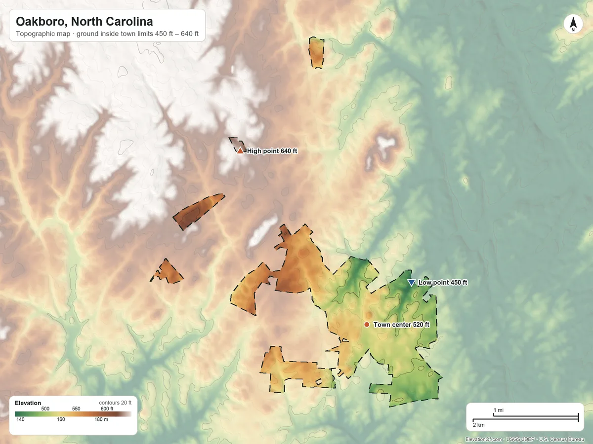 Topographic elevation map of Oakboro, North Carolina, shaded from 450 ft on the northeast side to 640 ft on the northwest side