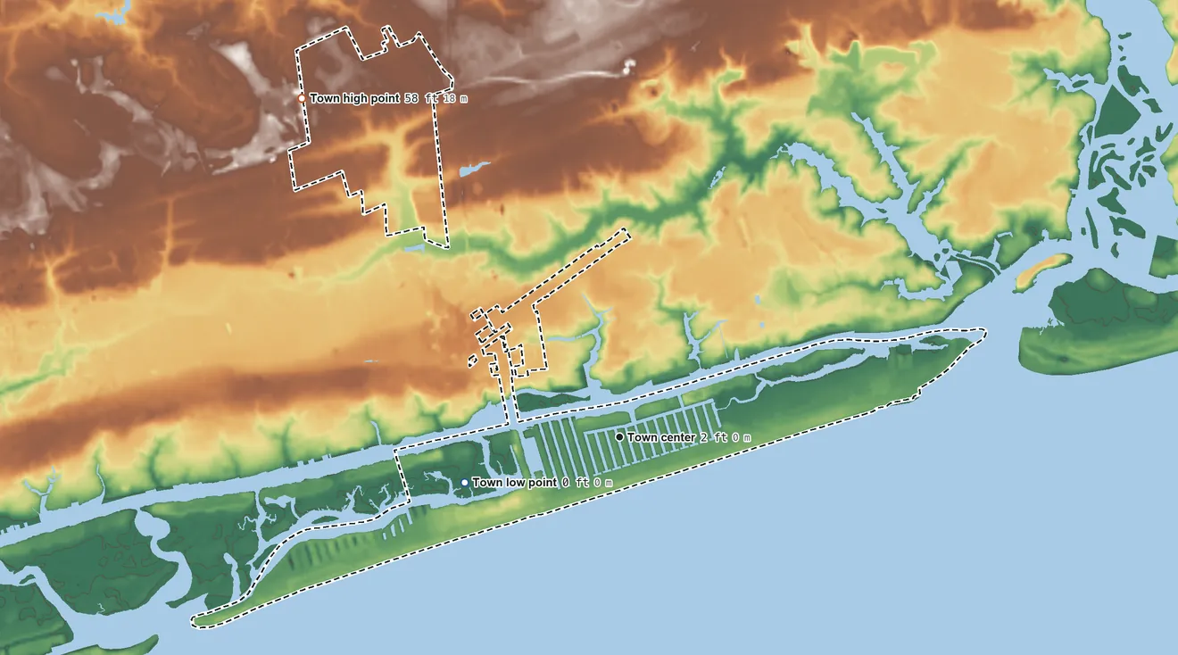 Topographic elevation map of Ocean Isle Beach, North Carolina, shaded from sea level level on the Eastern Channel to 58 ft on the northwest side