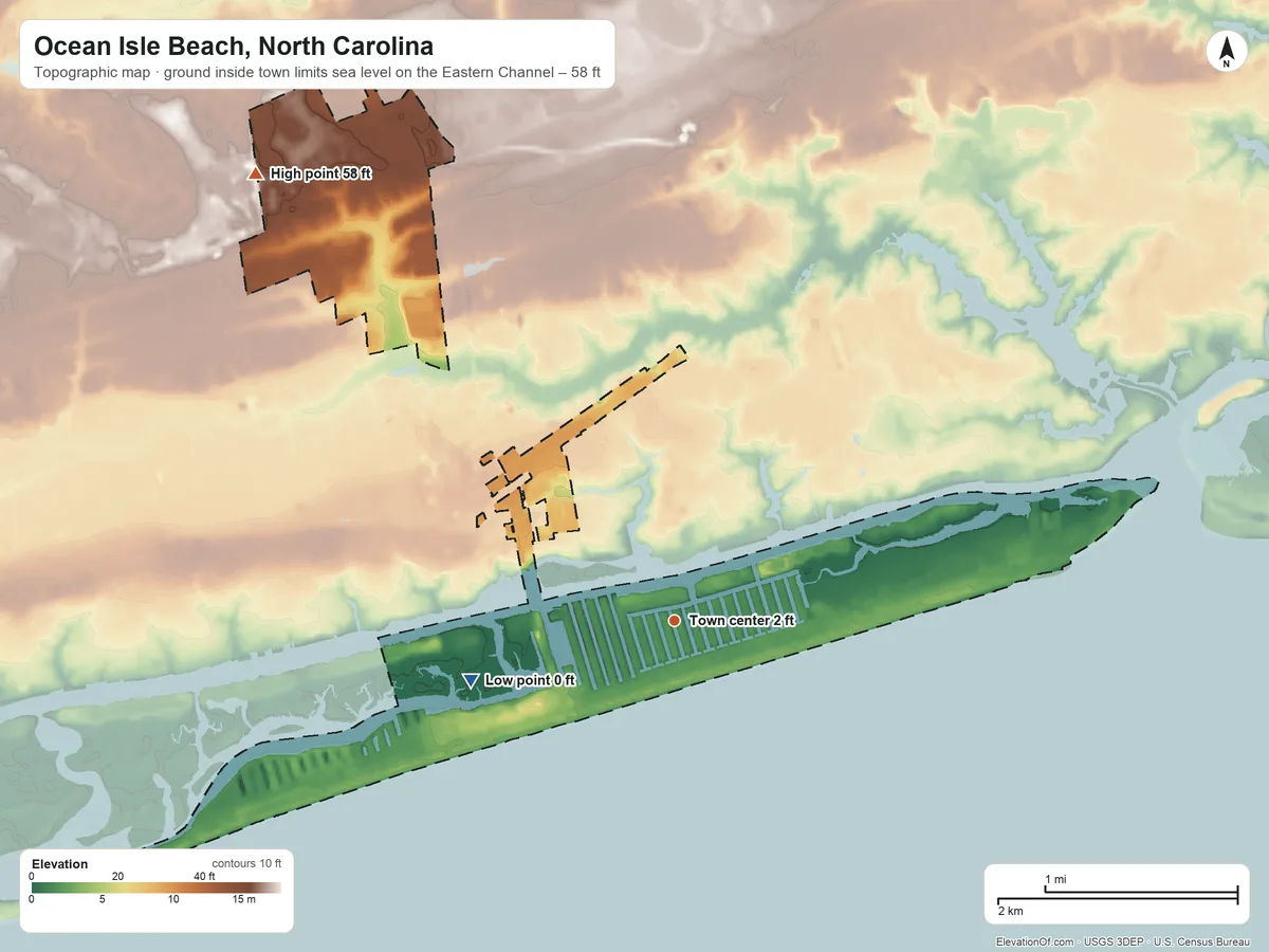 Topographic elevation map of Ocean Isle Beach, North Carolina, shaded from sea level level on the Eastern Channel to 58 ft on the northwest side