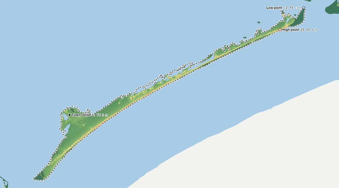 Topographic elevation map of Ocracoke, North Carolina, shaded from −2 ft on the northeast side to 25 ft on the east side
