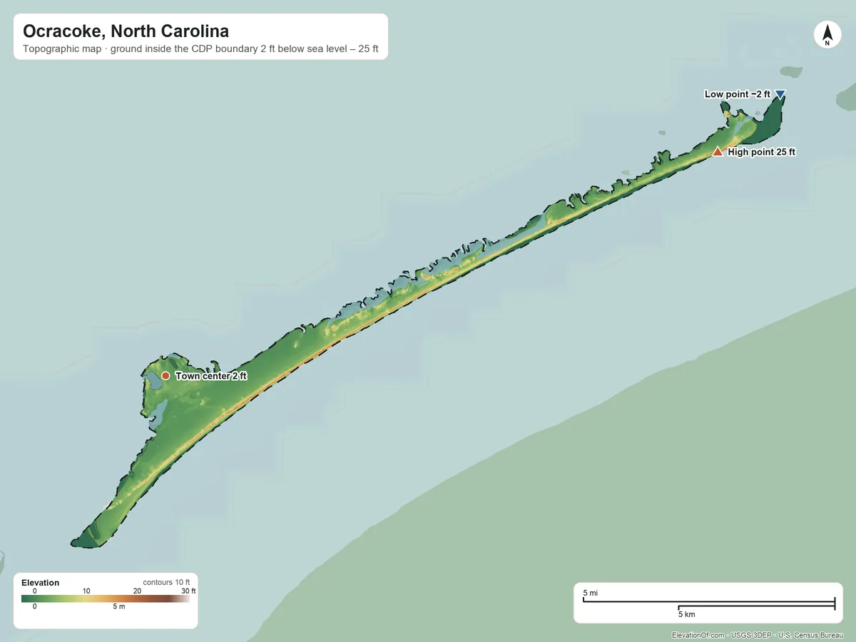Topographic elevation map of Ocracoke, North Carolina, shaded from −2 ft on the northeast side to 25 ft on the east side