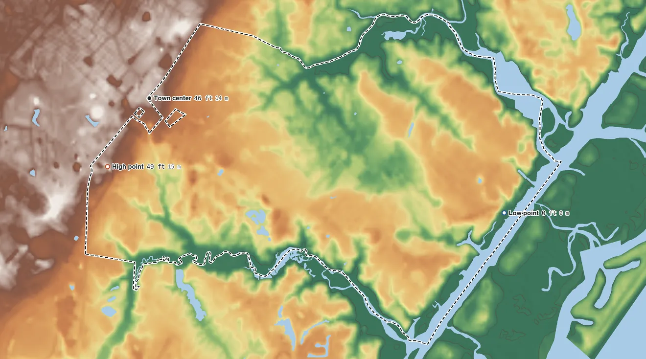 Topographic elevation map of Ogden, North Carolina, shaded from sea level level on the Atlantic Ocean to 49 ft on the southwest side