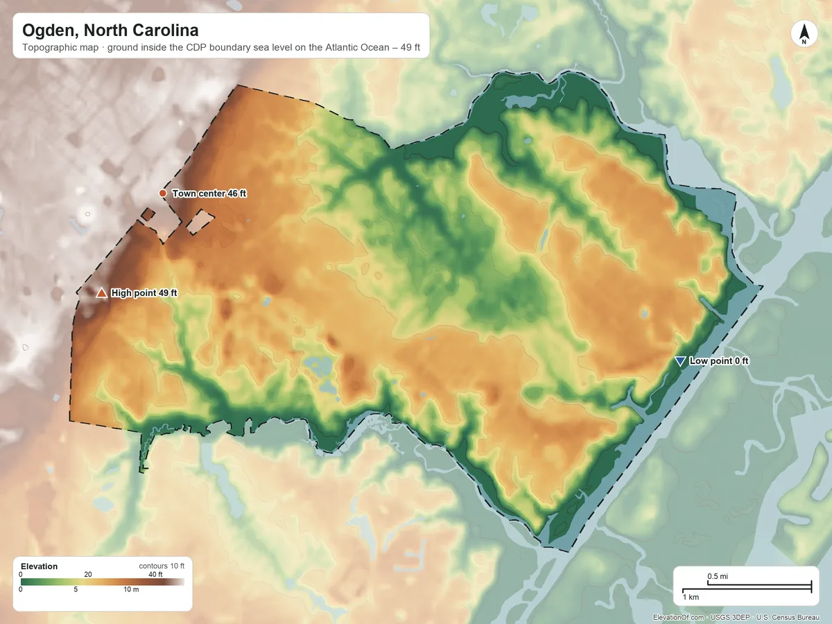 Topographic elevation map of Ogden, North Carolina, shaded from sea level level on the Atlantic Ocean to 49 ft on the southwest side