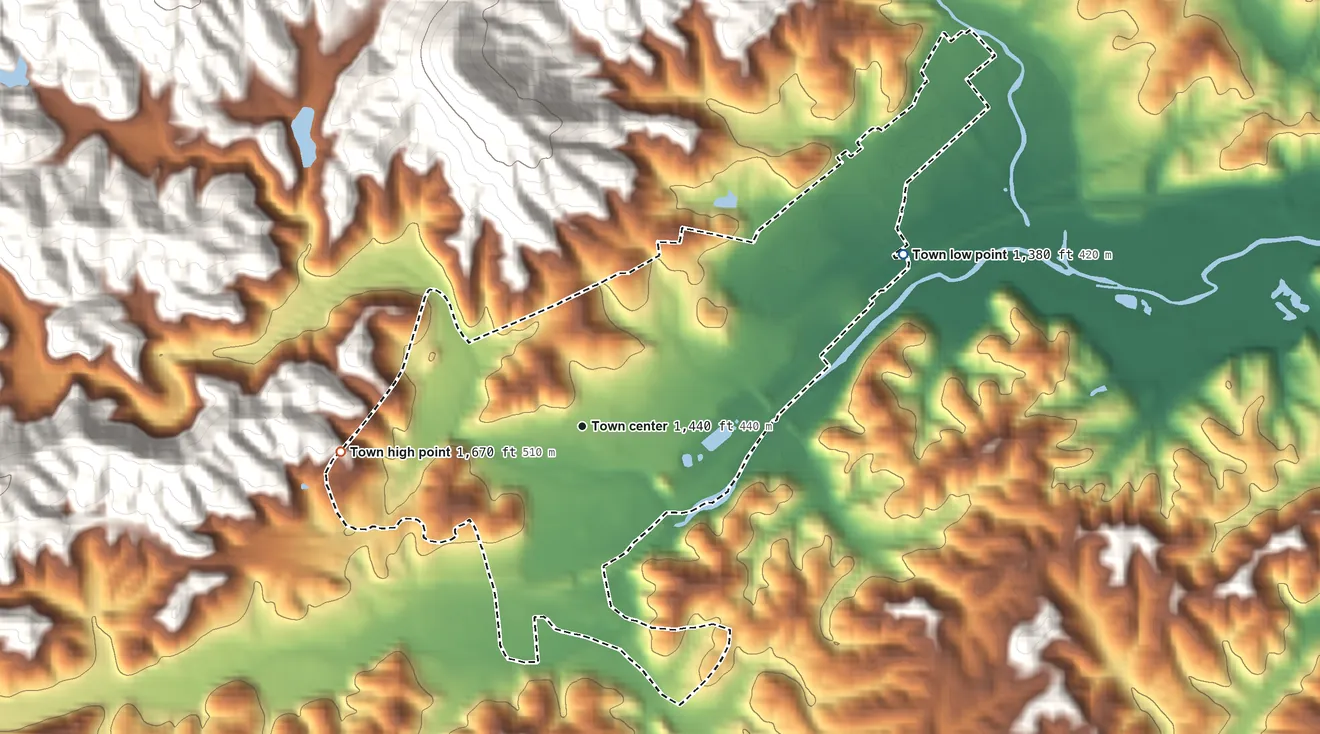 Topographic elevation map of Old Fort, North Carolina, shaded from 1,380 ft on the northeast side to 1,670 ft at the foot of the Habersham Mountains
