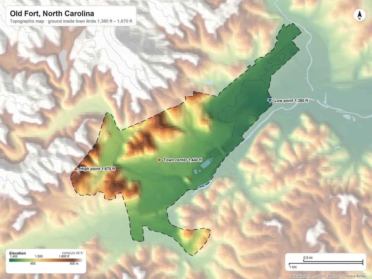 Topographic elevation map of Old Fort, North Carolina, shaded from 1,380 ft on the northeast side to 1,670 ft at the foot of the Habersham Mountains