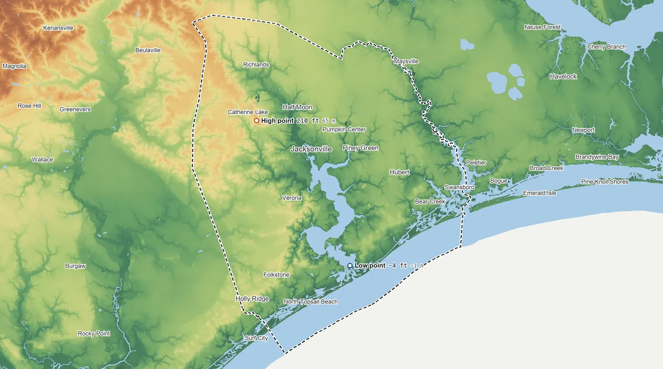 Topographic elevation map of Onslow County, North Carolina, shaded from 4 ft below sea level on the south side to 210 ft on the northwest side