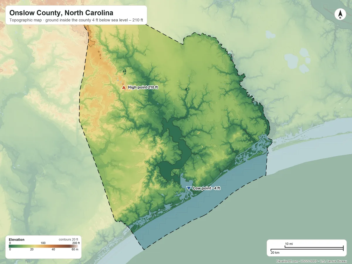 Topographic elevation map of Onslow County, North Carolina, shaded from 4 ft below sea level on the south side to 210 ft on the northwest side