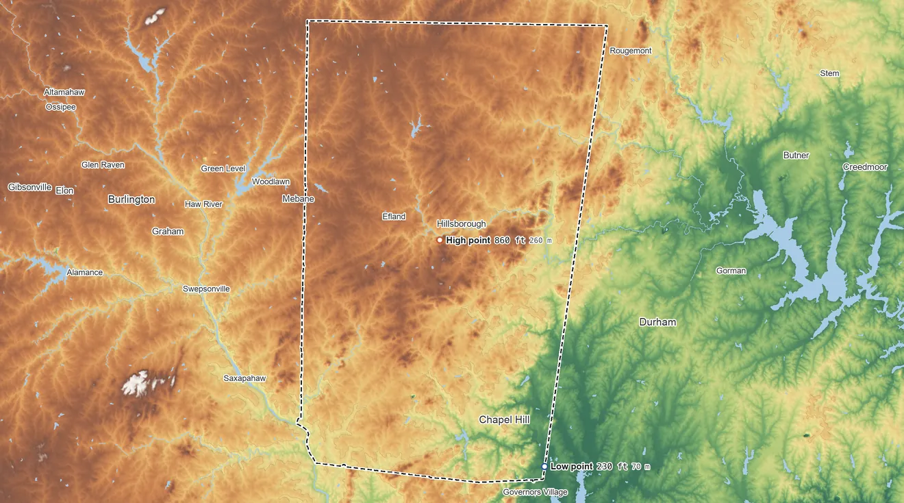 Topographic elevation map of Orange County, North Carolina, shaded from 230 ft on the southeast side to 860 ft on Occoneechee Mountain