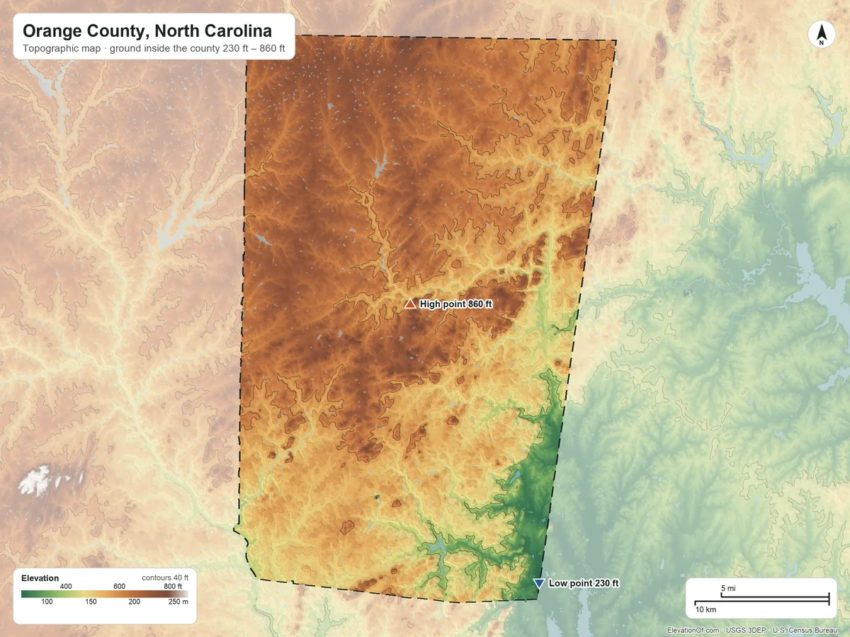 Topographic elevation map of Orange County, North Carolina, shaded from 230 ft on the southeast side to 860 ft on Occoneechee Mountain